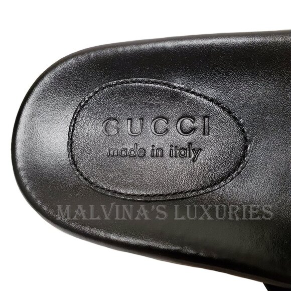GUCCI SHOES MENS BLACK LEATHER JUMBO LOGO SLIDES FLATS SANDAL sz 8 / 8.5 US - Picture 11 of 15